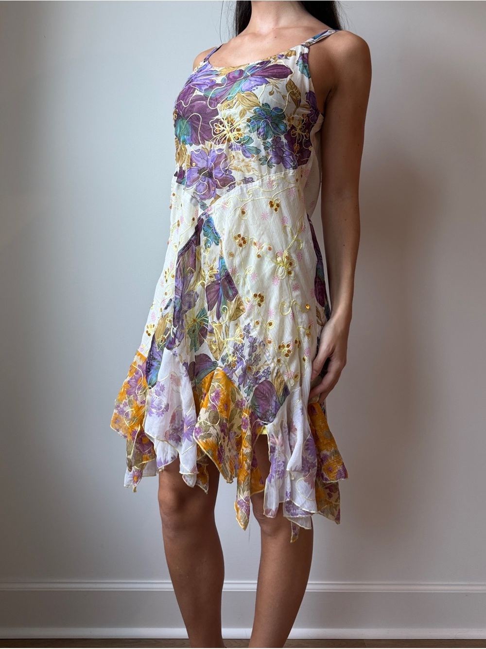 Vintage Sherly Y2K Fairy Dress Floral Chiffon
Handkerchief Hem Gold Embroidery M - Picture 2 of 10